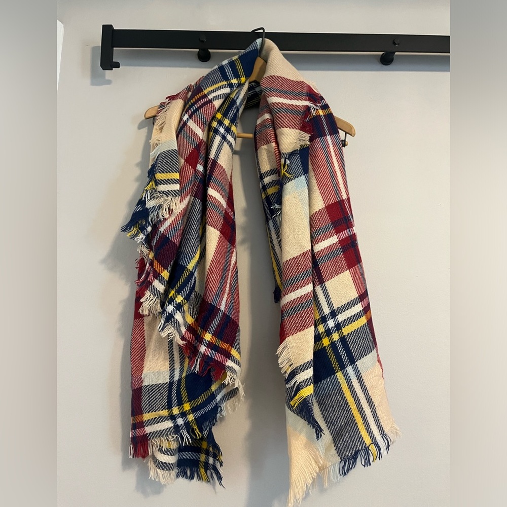 Accessory Depot Plaid Blanket Scarf. 55” Square. Cream, Navy, Berry & Yellow.